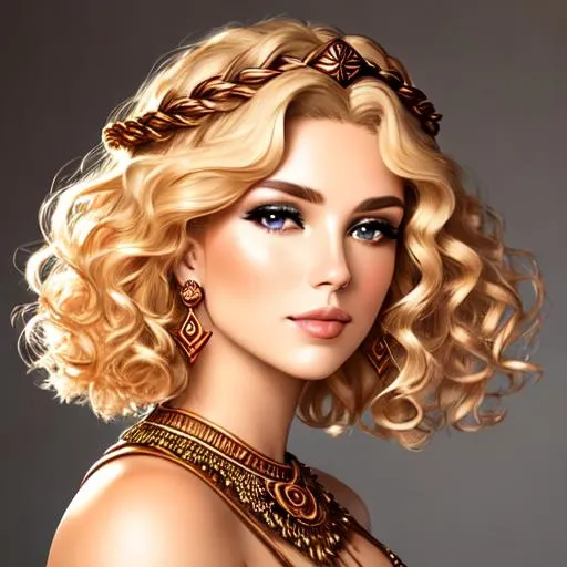 Prompt: Stone age Fantasy alt tribal primitive woman, profile portrait, very curly permed short blonde hair with delicate copper wire diadem with lots of large rounded smooth quartz large stones on crown
