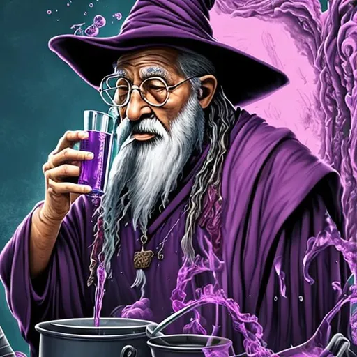 Prompt: make a picture of an old wizard sipping Codeine cough syrup out of a double cup while making more in a big cauldron