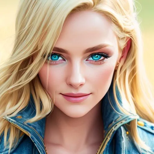 Prompt: cinematic portrait of dirty blonde gorgeous lady (symmetrical face, beautiful green eyes, divine look, smiling) wearing jean jacket, pov lens 200mm, 8k