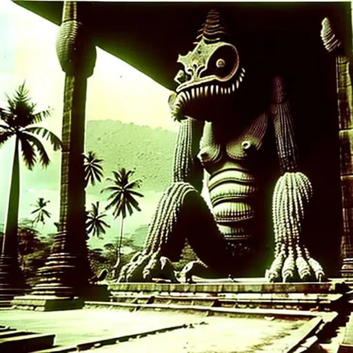 Prompt: Massive living creature found in Indonesian temple circa 1955