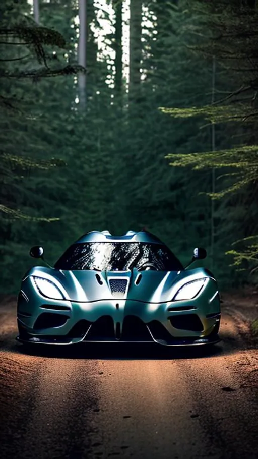 Prompt: koenigsegg regera wide body heavily modified at illegal meet, dark and shadowy background, in the Canadian forest, 30 minutes after sunset, long depth of field.