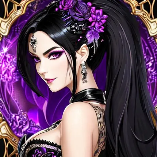 Prompt: An enigmatic character with jet-black hair, deep purple eyes that sparkle with mischief, and fair, porcelain-like skin. Her fashion sense combines dark and vibrant colors, flowing dresses with intricate patterns, and unique accessories that exude mystery. Her appearance reflects a captivating blend of elegance, allure, and a touch of wildness. She's smiling mischievously, as if chaos itself was flowing though her