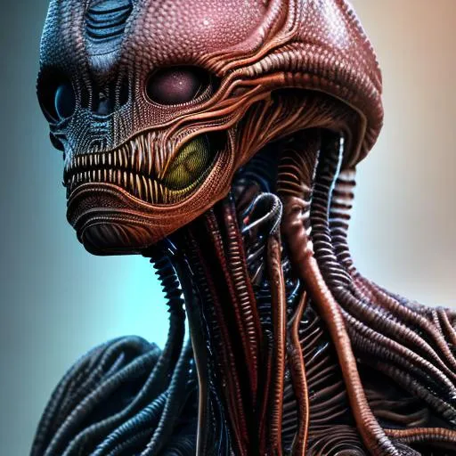 Prompt: highly detailed, scarred body, alien, photo realistic, ideal alien, ultra details, Studio lighting, photography, super detailed, 64k,   detailed body, full body, detailed face, scary, holding futuristic blaster, wearing lab coat