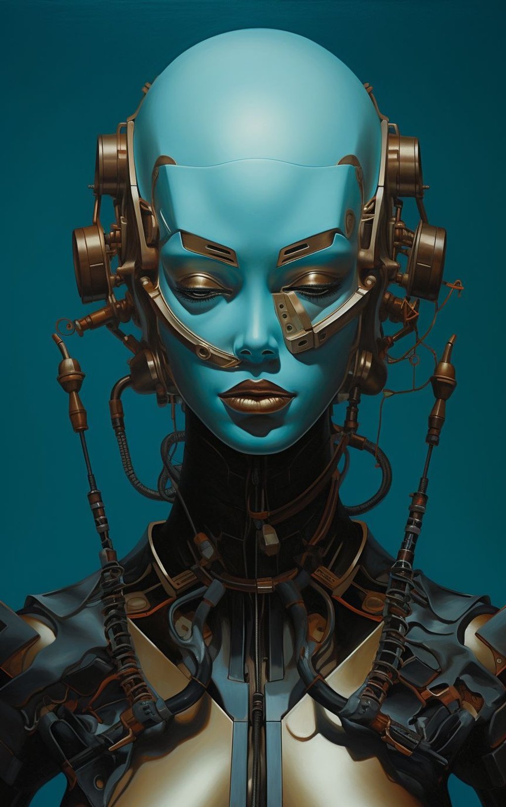Prompt: a woman in robots and gear with a sword, in the style of dark cyan and bronze, surreal cyberpunk iconography, hyperrealistic murals, indian pop culture, ritualistic masks, 3d, vibrant illustrations