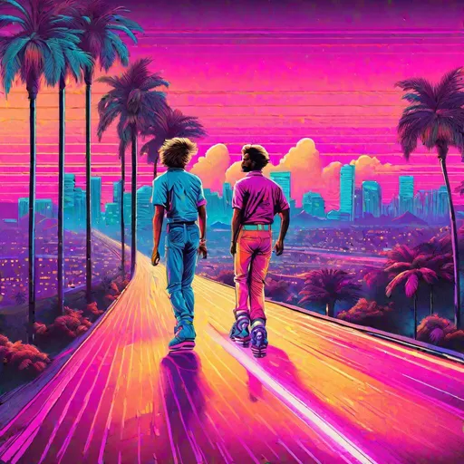 Prompt: retro 80s art, ((2 men rollerblading)) down a highway with palm trees on the side of the road, retro art, synthwave, city view in the background, highly detailed