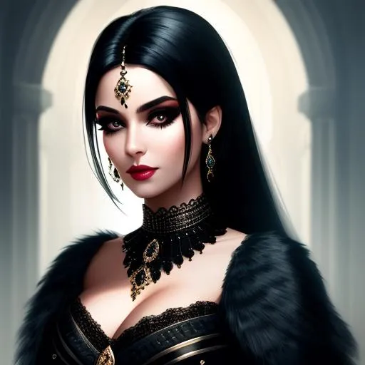 Prompt: Lady with black hair, heavy makeup, cinematic light,  fantasy