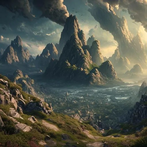 Prompt: cinematic composition, hyper realistic, highly detailed, concept art, dynamic range, depth of field, wide mountain pass with towering peaks on either side