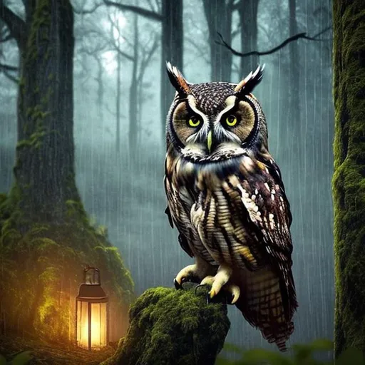 Prompt: beautiful rainy forest and an owl realistic
