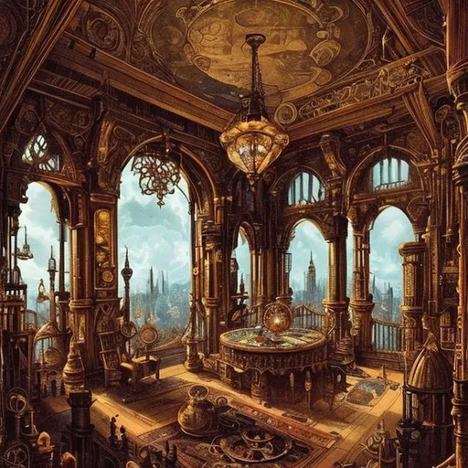 Prompt:  A 1800 century steampunk beautiful room of a wealthy person with a window with view from a window very high up  over city dark  elaborate hyperdetailed. art . painting. vibrant 
