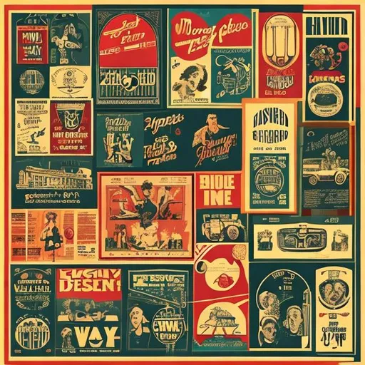 Prompt: Retro print designs designed in a vintage style mixed with images of classic musicals and real-life updates