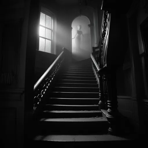 Prompt: Moody black and white photograph of a staircase at night in a Victorian mansion with ambient light of a shimmering barely discernible vague ghostly figure at the bottom of the steps