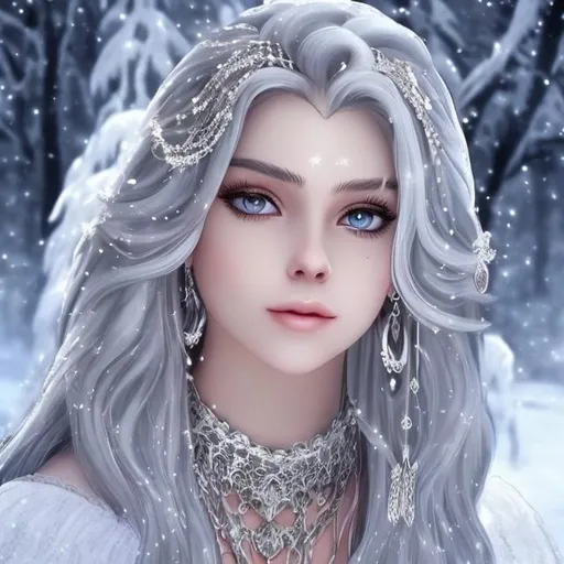 Prompt: I grow
White dress
clear picture
Black eyes
Long white hair
Snow wolves
Light snow
A beautiful personality with stunning features
Shiny hair
Silver chains 