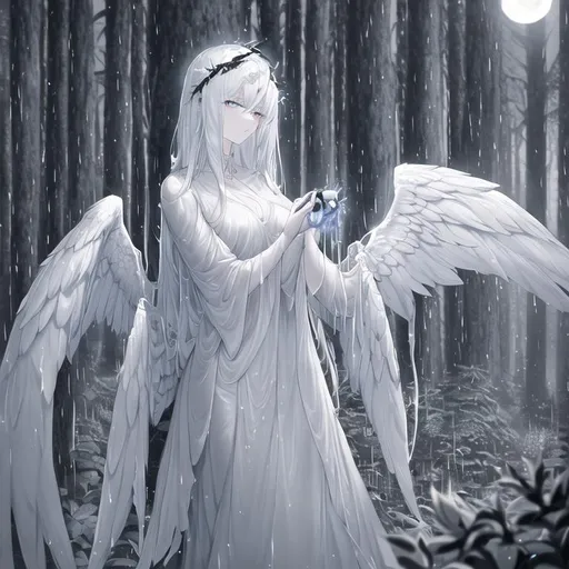 Prompt: a walking highly-detailed angel with wings through an old forest,flowing rain effects,sharp focus,8k,award-winning photograph,highly detailed,night,dark ambient,looking at camera,moon light,trees with black leafs,alone,looking to camera,white clothes,white shiny angel holo on the head.