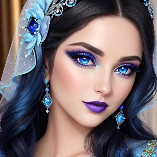 Prompt: a Sapphire lady, feminine elegant princess ,  dark hair, large blue eyes, wearing jewls in her hair,  beautiful makeup, blue eyeshadow, dark pink lipstick, facial closeup