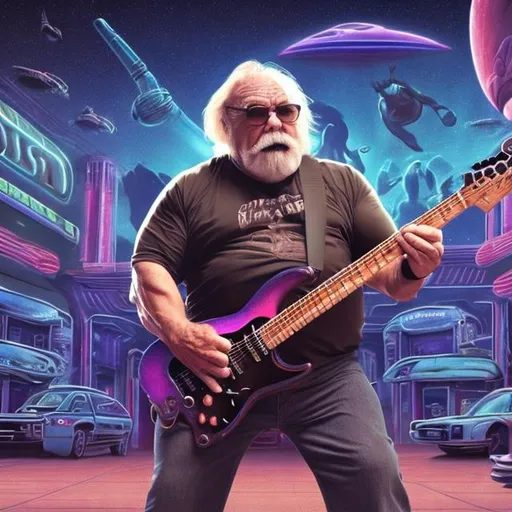 Prompt: Bodybuilding Wilford Brimley playing guitar for tips in a busy alien mall, widescreen, infinity vanishing point, galaxy background