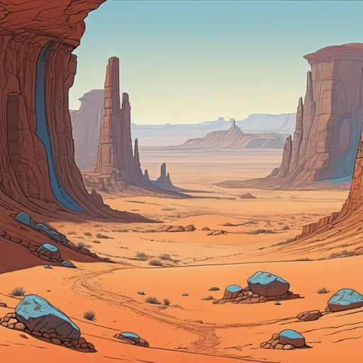 Prompt: A desert alien landscape with rocky ground and mesas to the left, in the style of Moebius
