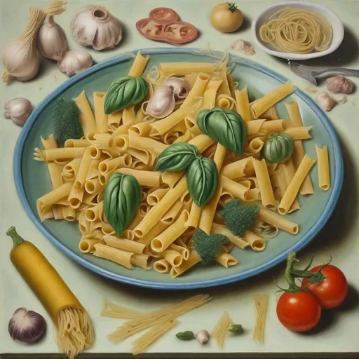 Prompt: oil painting of italian pasta with vegatables, in the style of Hieronymus Bosch

