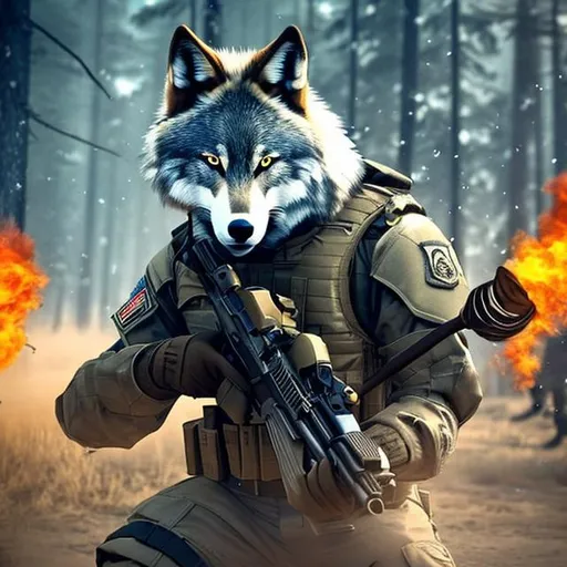 Prompt: a beautiful anthropomorphic wolf in military gear throwing a grenade