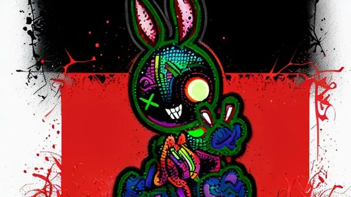 Prompt: Crazy bunny logo for my energy drink,black background,dark rainbow colours , soda can is black and logo of bunny has a cross for one eye, two eyes 