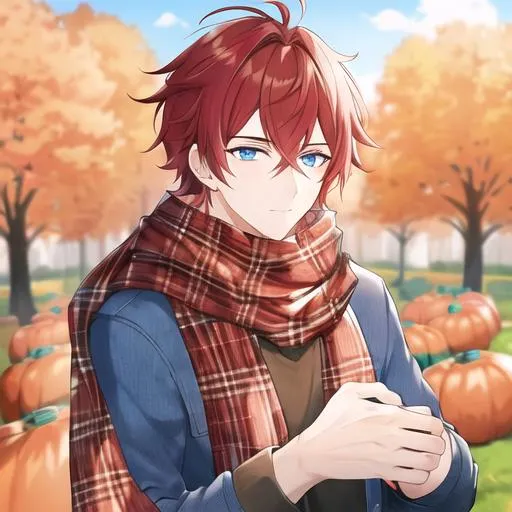 Prompt: Zerif 1male (Red side-swept hair covering his right eye, blue eyes), highly detailed face, wearing a cozy flannel shirt and a pair of stylish jeans. In the park, fall.  wearing a scarf, looking up at the sky, in a pumpkin patch, adult. Handsome,  detailed, UHD, HD, 4K, highly detailed, red haze, masculine, anime style