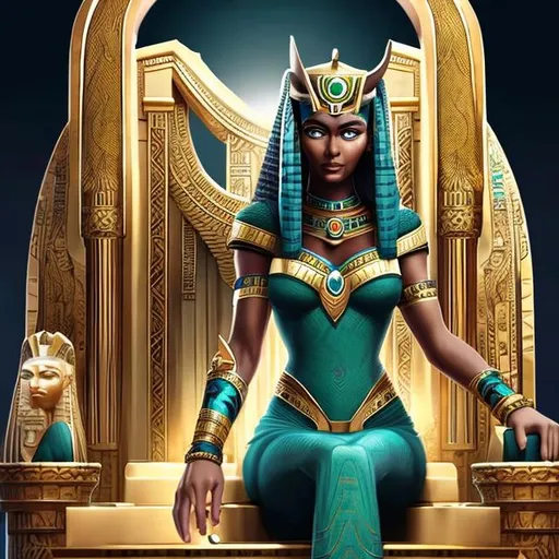 Prompt: A large pharaonic cat with green eyes sits next to the throne chair of a beautiful ancient pharaonic queen with white skin and blue eyes  curvy hot at the age of 30 and holding a scepter in her hand. This queen resembles Cleopatra.