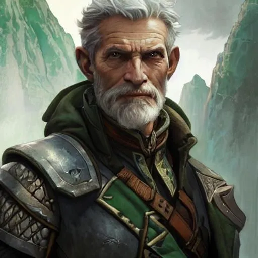Prompt: realistic portrait of a dnd male baron, D&D, shorter gray hair, green eyes, highly detailed, concept art, smooth, art by artgerm and greg rutkowski and alphonse mucha and simon stalenhag, ambient lighting, fantasy, full view, close up to face, highly detailed face, sharp face, simple clothes and hood, skinny 