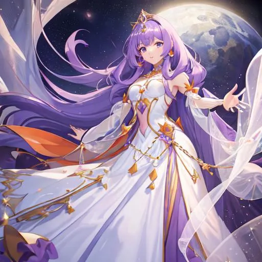 Prompt: princess of dimonds and rubi with a long voile purple behind her with orange long hairs  hairs  buetiful  dress princess of rubi dimonds purple