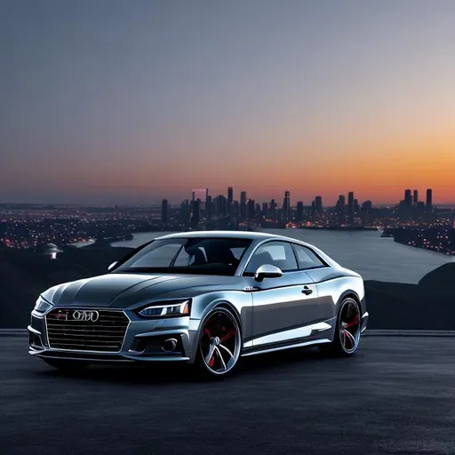 Prompt: A steel grey Audi S5 sitting on the side of a cliff, overlooking a city skyline at dusk