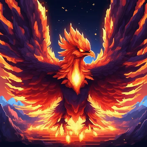 Prompt: pixel art style, a fierce starry phoenix made of fire that is glowing, flying, flaming head, mouth open, glistening flowing flaming feathers, glowing red eyes, bioluminescent, volcano, eruption, lava, magma, fireballs, sunset, beneath the stars, masterpiece, highres, best quality, concept art, 64k, highly detailed, vibrant, professional, UHD