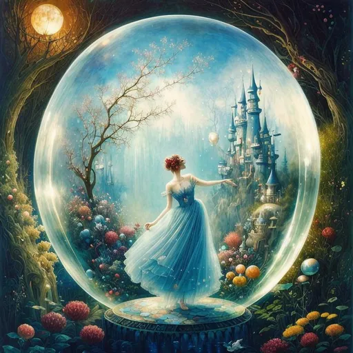 Prompt: fairytale dreamland inside a bubble. art by Daniel Merriam, Yosef kote, pino daeni and James jean. beat quality, cinematic smooth. polished finish 