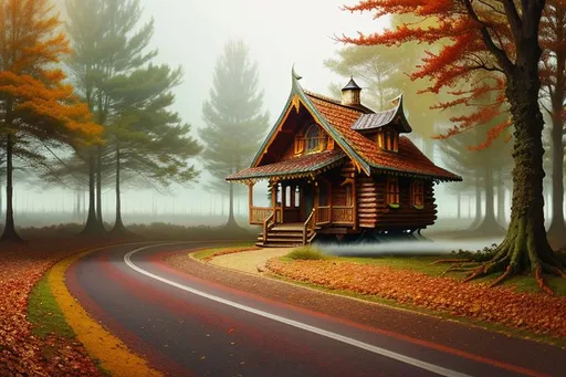 Prompt: surreal concept art of a strange winged cabin flying in an autumnal forest, foggy, gloomy, lots of details, intricate scene, correct, digital painting, fine tuned,  64k