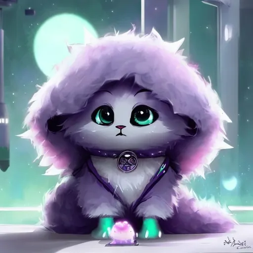 Prompt: Fluffy cute ball that is a kimono, purple fluff, blossom desgin, green eyes, sitting by a spaceship, masterpiece, best quality, ((In science fiction style))