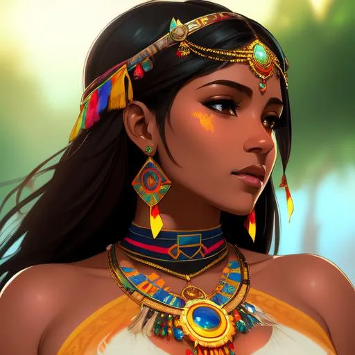 Prompt: Beautiful woman inca princess, brown skin, open dress, symmetrical face, holi festival colors, large chest, attractive, Ink painting, bold brushstrokes, snub nose, full lips, elegant. 8k. art by artgerm and greg rutkowski and alphonse mucha. global illumination. rain, portrait, Profile, style by Yoji Shinkawa, Orphism, pattern, psychedelic, Concept art, dramatic lighting, Azure Turquoise yellow black and white, intricate detail, Mandy Jurgens, 8k stylize, 3d render