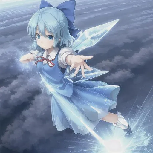 Prompt: Cirno, Touhou, Ice fairy, Japanese Field background, flying, 4k, ultra hd, good drawing, waifu, well done drawing, so good, epic, 2.