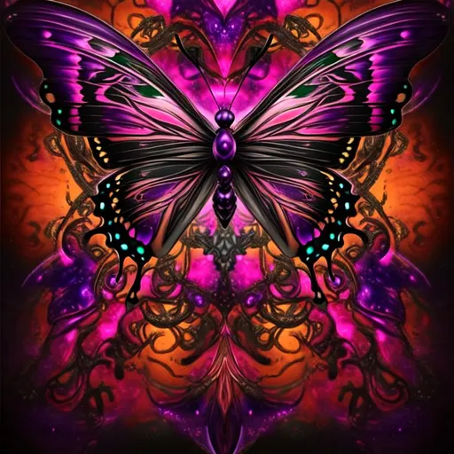 Prompt: beautiful freeform dark chaos epic bold, 3D, HD, {one}({liquid metal {Celtic}butterfly} with {purple gold pink green red silver blood}ink), expansive cosmos background --s99500