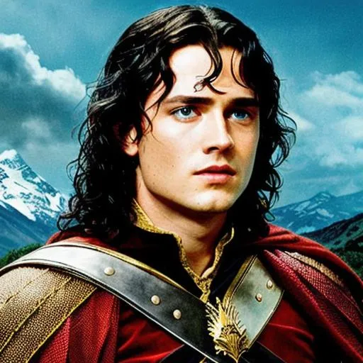 Prompt: A king from the lord of the rings series with black hair and blue eyes