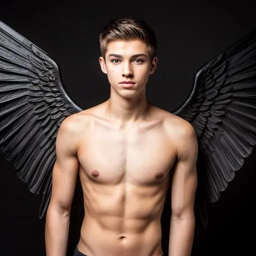 Prompt: 17 year old caucasian human male with black angel wings plain shirt on

