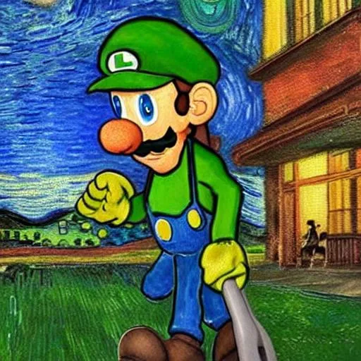 Prompt: Luigi tall n   green cap  L in the front entering  walking up to Luigi’s mansion with ghost vacuum Boo ghosts scared trembling in the style of Van Gogh mixed media oil painting style 