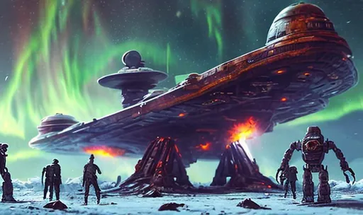 Prompt: huge old rusty spaceship getting repaired  by robots ice planet sparks fire welding people working aurora many colours   guard drinking milk enhance detail turret on spaceship real soldier thin landing gears symmetrical ship laser warzone dead body's on ground ships exploding in sky thicker spaceship