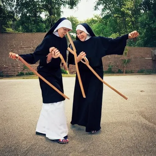 Prompt: Nun fighting with nunchucks