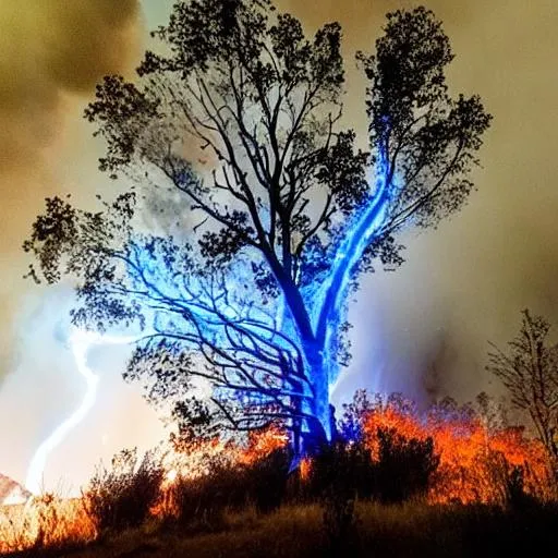 Prompt: blue lightning nature tree fire