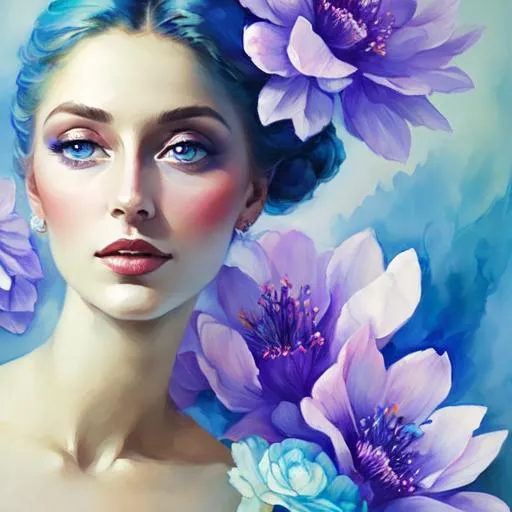 Prompt: beautiful woman, ethereal,dreamscape,, pale blue colors, flowers, closeup