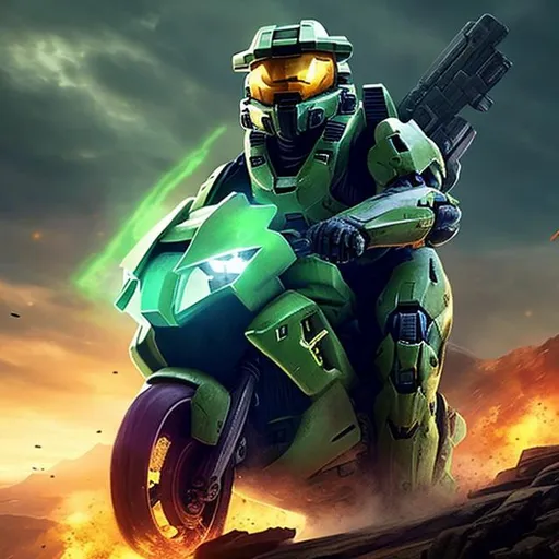 Prompt: master chief from halo infinite riding the devil with covered in green flames
