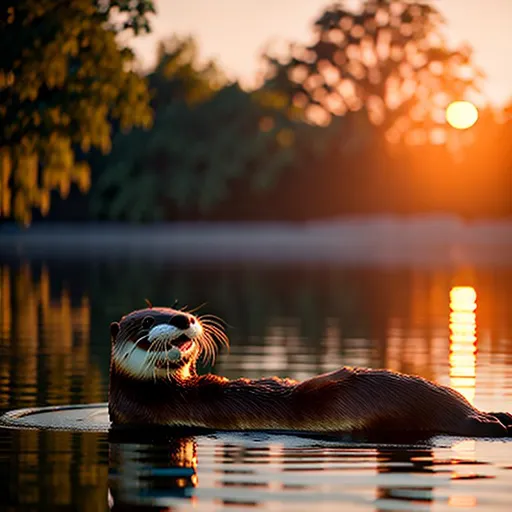 Prompt: otter doing backstroke in a river with trees behind and a sunset