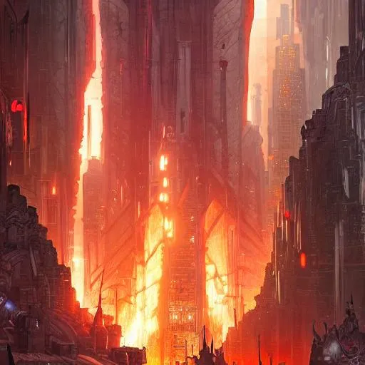 Prompt: of vertical hell metropolis in the deepest hell, with cramped city full of demons and chaos, fantasy art, Jordan Grimmer, Noah Bradley