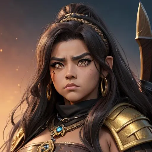 Prompt: masterpiece, splash art, ink painting, beautiful pop idol, D&D fantasy, (25 years old) lightly tanned-skinned gold Dwarf barbarian female, ((beautiful detailed face and large eyes)), ((short, stocky, dwarf proportions)), raging expression, medium length hazel hair, serious expression looking at the viewer, wearing detailed hide armor holding a huge battle axe above in one hand #3238, UHD, hd , 8k eyes, detailed face, big anime dreamy eyes, 8k eyes, intricate details, insanely detailed, masterpiece, cinematic lighting, 8k, complementary colors, golden ratio, octane render, volumetric lighting, unreal 5, artwork, concept art, cover, top model, light on hair colorful glamourous hyperdetailed medieval city background, intricate hyperdetailed breathtaking colorful glamorous scenic view landscape, ultra-fine details, hyper-focused, deep colors, dramatic lighting, ambient lighting god rays, flowers, garden | by sakimi chan, artgerm, wlop, pixiv, tumblr, instagram, deviantart