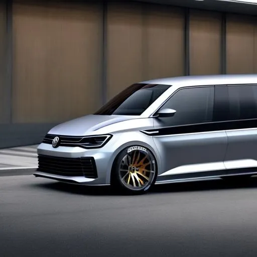 Prompt: Specced out rally version of the vw transporter, with a v12 in the back, with an enormous and complicated tear wing