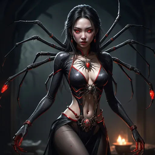 Prompt: Full-body, female chinese Spiderwoman, upper body of a beautiful chinese woman, lower body of a huge black spider, red glowing eyes, sharp teeth, delicate jewellery and ancient chinese garments, spider body, sinister look, spooky atmosphere, RPG-fantasy, intense, detailed, game-rpg style, dark and eerie lighting, sinister vibe, fantasy, horror