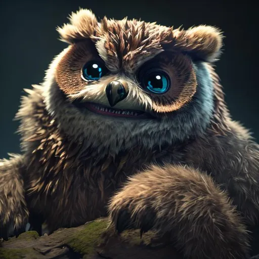 Prompt: Octane render, Hyper realistic, ultra Detailed, full view, dnd half bear half owl, baby, hatches from an egg 