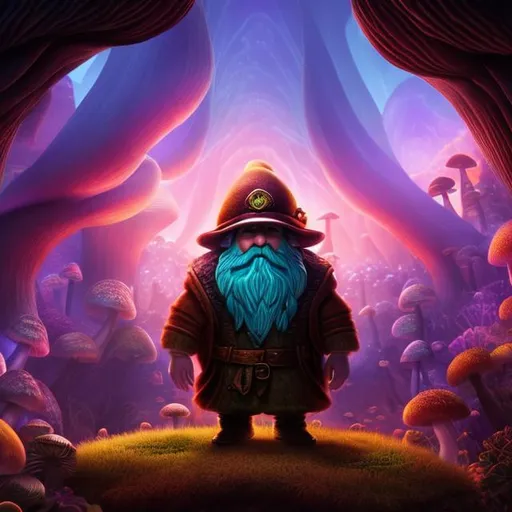 Prompt: Mushroom, dwarf, gnome, magic, fantsy, mushroom man, living fungus, spores, glow, purples pinks oranges and greens, cave, dim lighting, spooky, adventure, long ears, big nose, bearded